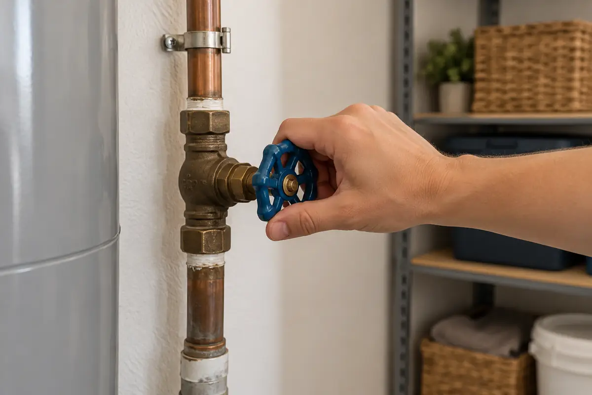 Hand turning an indoor water shutoff valve beside a pipe