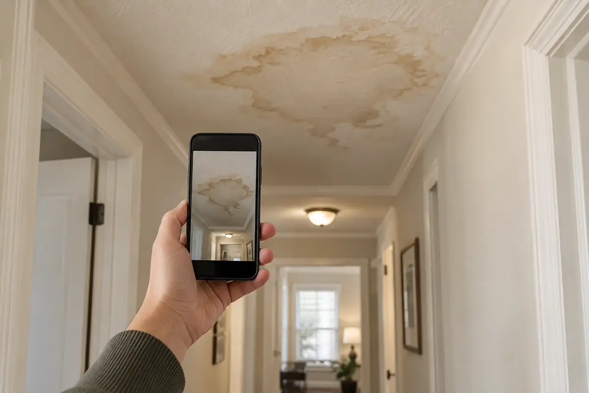 Illustrative hand photographing a water-stained ceiling with a phone