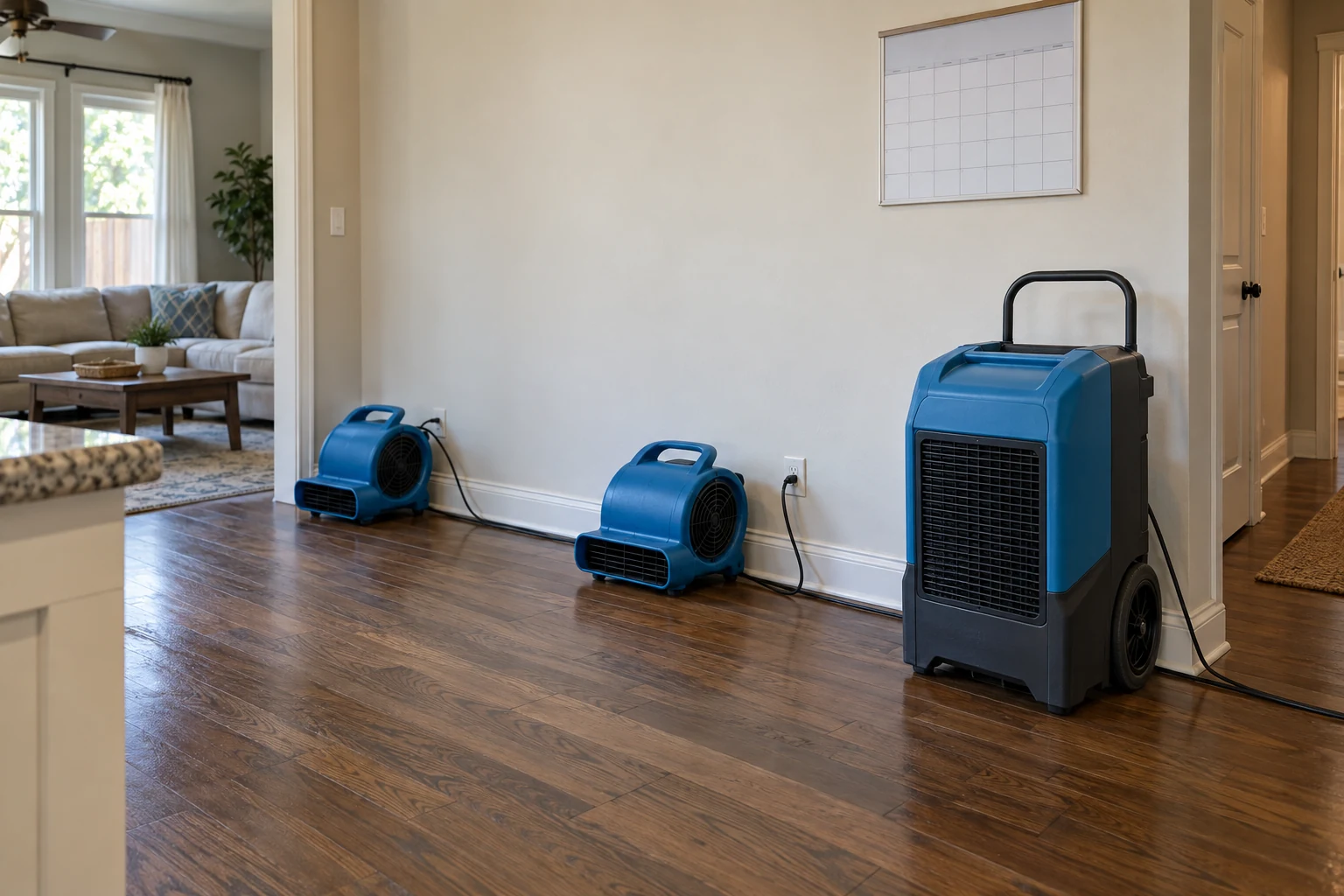Illustrative dehumidifier beside a plain wall calendar