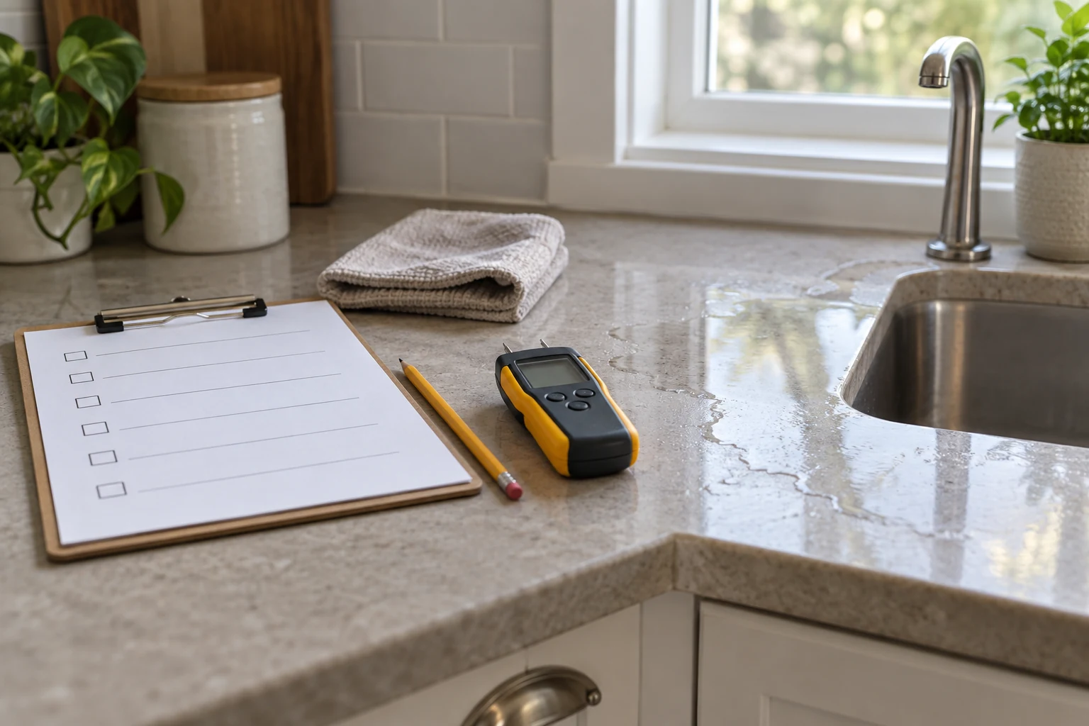 Illustrative blank inspection sheet beside a moisture meter