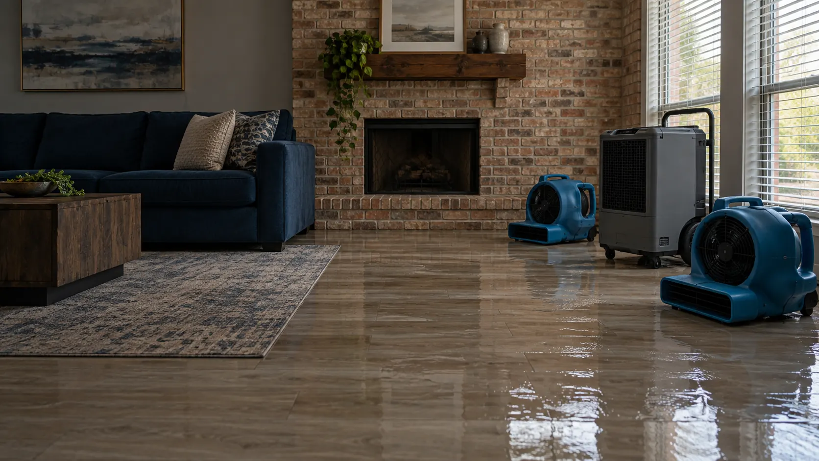Illustrative brick living room with wet flooring and drying equipment