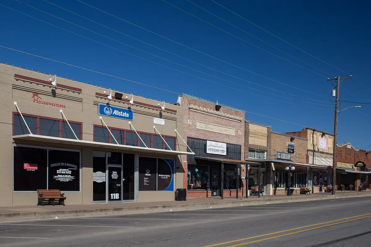 Buildings along a street in downtown Royse City, Texas