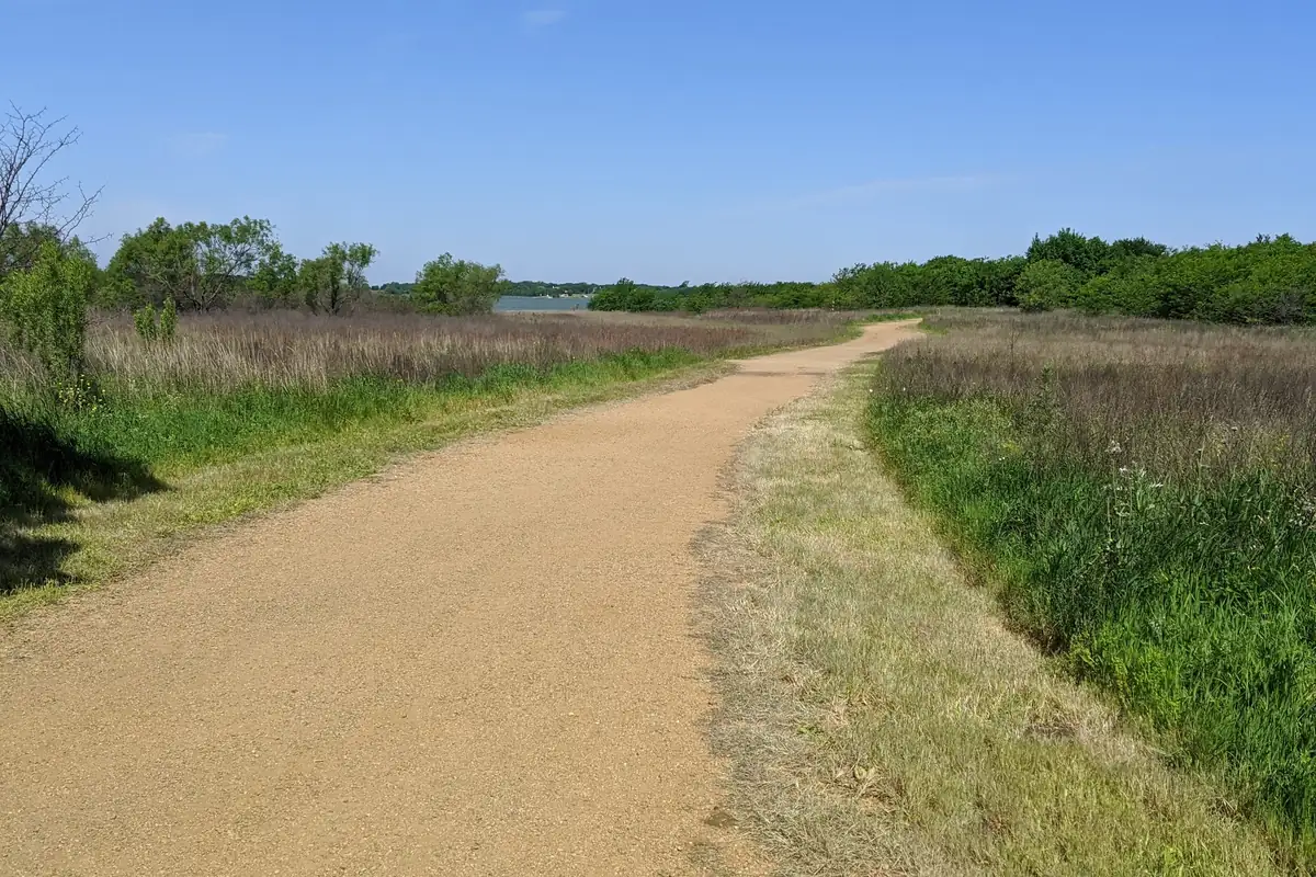 A trail in Ridgepointe Park along Lewisville Lake in The Colony, Texas